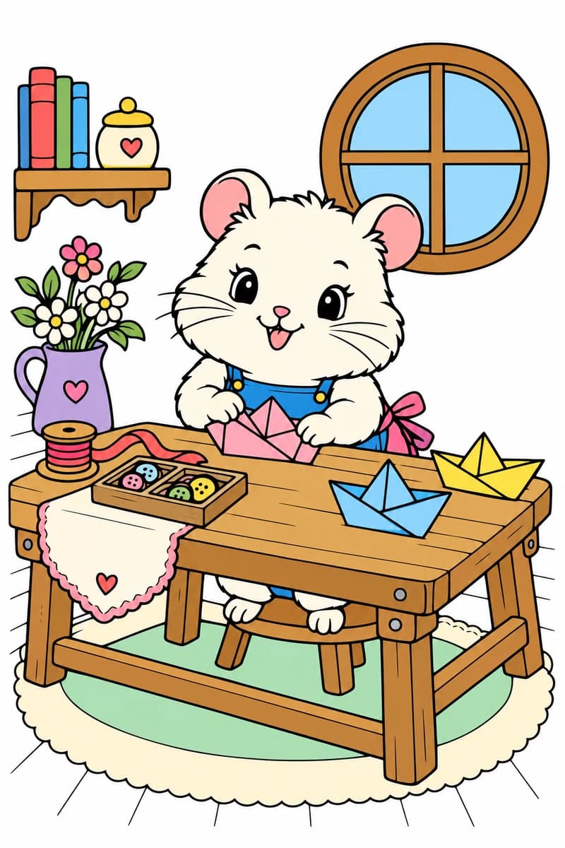 Dessin kawaii à colorier d’un hamster assis sur un tabouret, fabriquant un bateau en papier sur une table en bois. Deux autres bateaux, une boîte de boutons, une bobine de ruban et un pichet de fleurs sont posés devant lui, avec une fenêtre ronde et une étagère à l’arrière-plan. (exemple colorié)