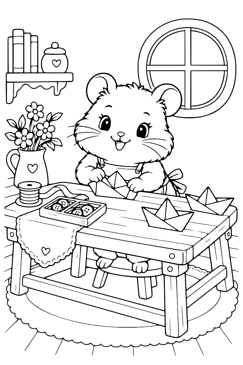 Dessin kawaii à colorier d’un hamster assis sur un tabouret, fabriquant un bateau en papier sur une table en bois. Deux autres bateaux, une boîte de boutons, une bobine de ruban et un pichet de fleurs sont posés devant lui, avec une fenêtre ronde et une étagère à l’arrière-plan.