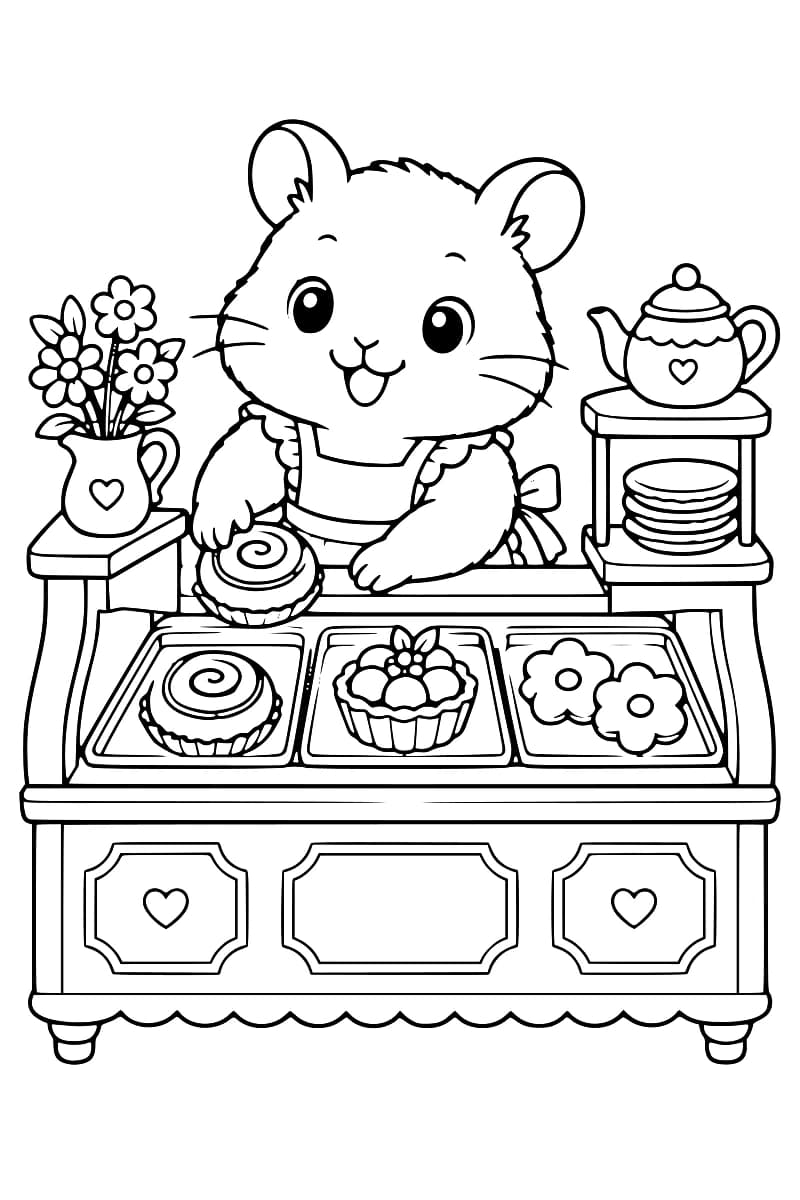Dessin en noir et blanc d’un hamster souriant en tablier derrière un comptoir de pâtisseries, entouré d’un pichet de fleurs, d’une théière et d’une pile d’assiettes.