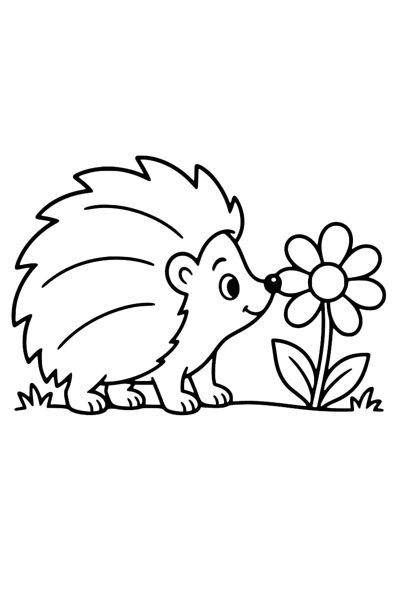 Dessin en noir et blanc d’un hérisson de profil, tourné vers une marguerite aux pétales arrondis, avec deux feuilles sur sa tige et quelques touffes d’herbe au sol.