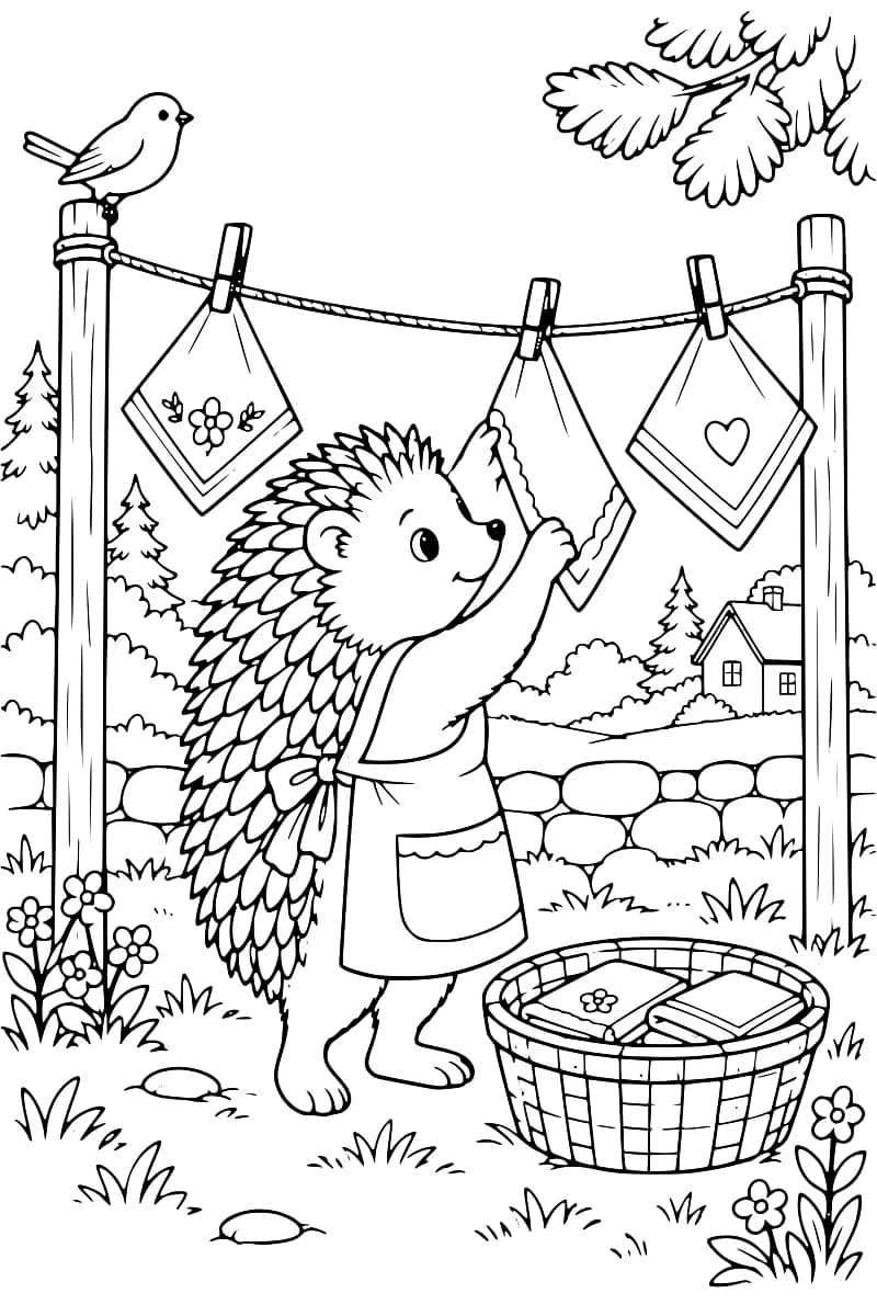 Dessin au trait d’un hérisson en tablier suspendant un mouchoir à un fil tendu entre deux poteaux. Deux autres mouchoirs décorés sont déjà accrochés, un oiseau est perché sur un poteau et un panier de linge repose au sol, dans un jardin fleuri avec une maison à l’arrière-plan.