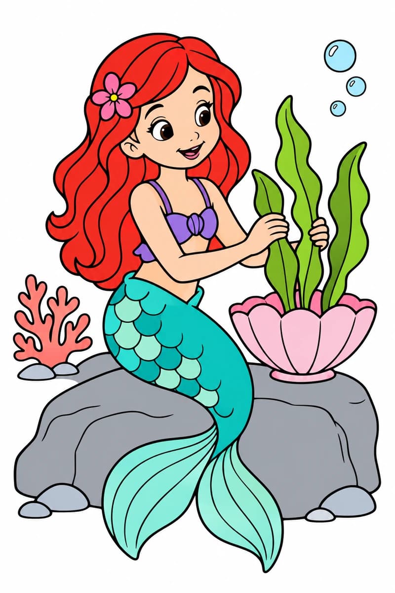 Sirène assise sur un rocher, tenant des algues dans une grande coquille, avec des bulles et des plantes marines autour d’elle. (exemple colorié)