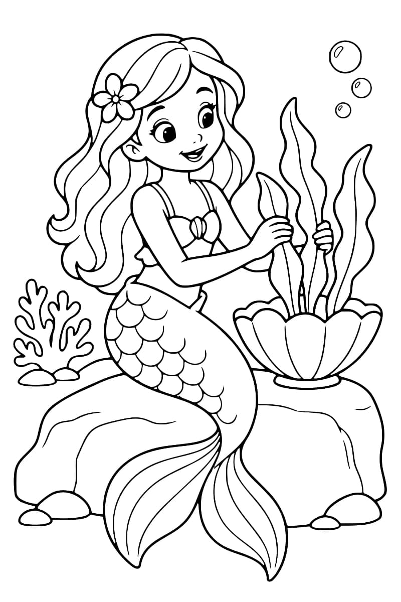 Sirène assise sur un rocher, tenant des algues dans une grande coquille, avec des bulles et des plantes marines autour d’elle.