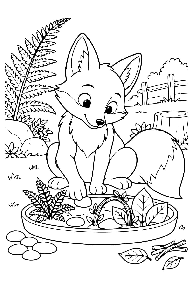 Dessin au trait d’un renard assis, une patte sur un galet dans un plateau ovale contenant des fougères, des feuilles et une petite arche végétale ; des cailloux et des brindilles sont posés autour, avec une souche et une clôture à l’arrière-plan.