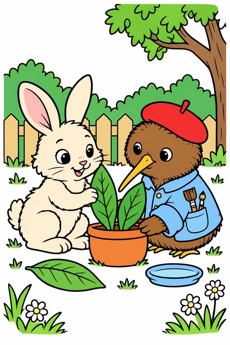 Dessin à colorier d’un lapereau et d’un oiseau au long bec, coiffé d’un béret et vêtu d’une veste avec des outils dans la poche, autour d’un pot contenant de grandes feuilles. Une feuille et une soucoupe sont posées au sol, devant une clôture, des buissons, un arbre et des fleurs. (exemple colorié)