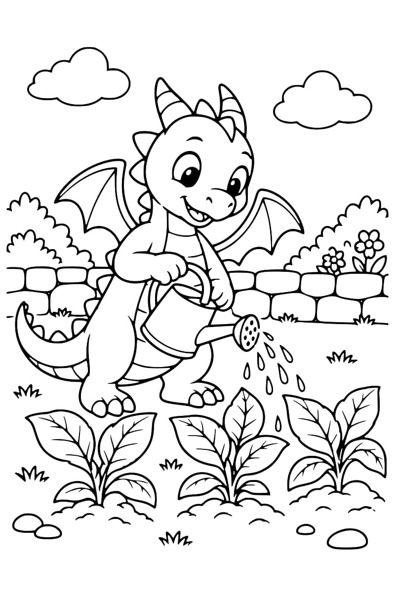 Dessin en noir et blanc d’un jeune dragon ailé tenant un arrosoir devant trois plantes dans un jardin.