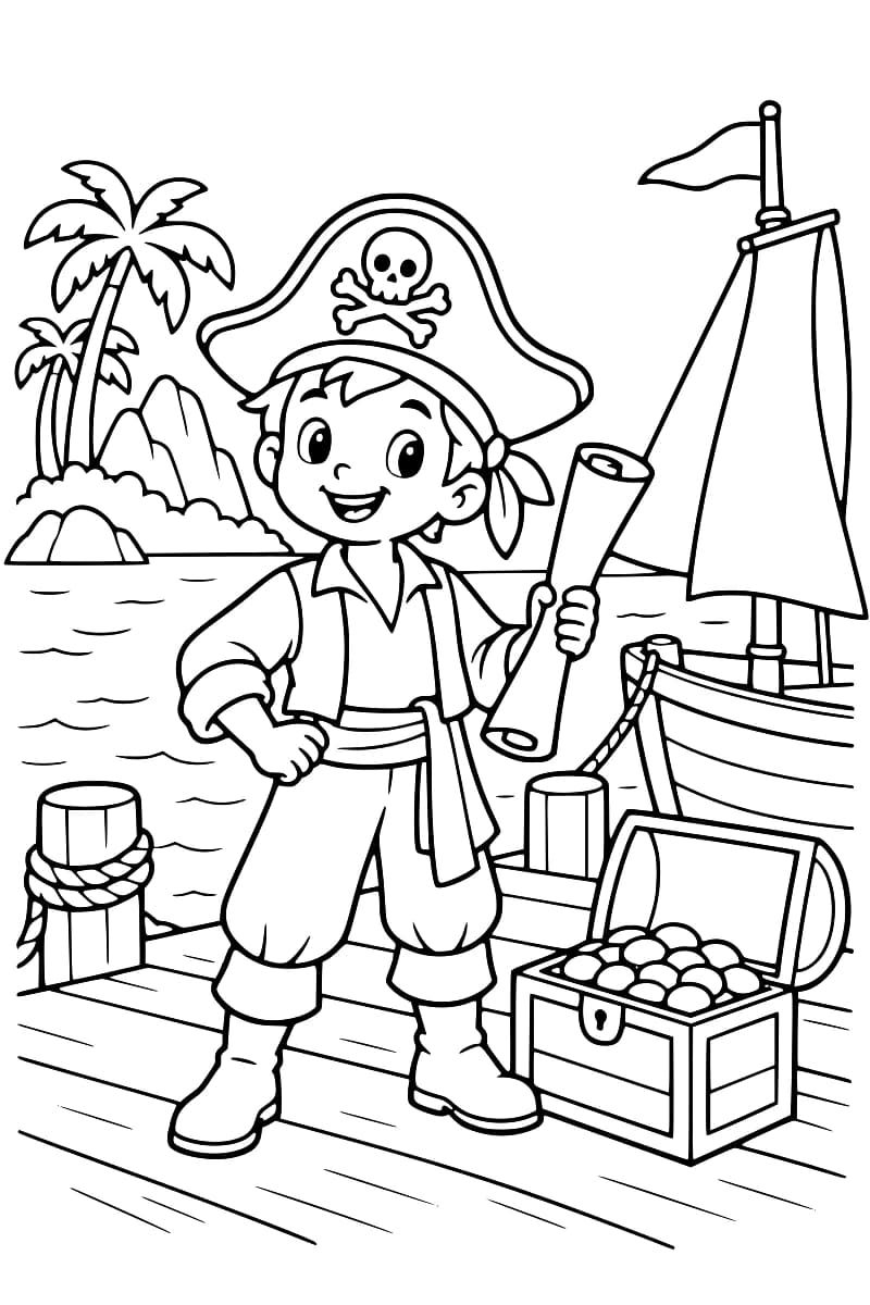Dessin en noir et blanc d’un jeune pirate avec un chapeau à tête de mort, tenant un parchemin devant un coffre ouvert, un voilier et des palmiers.