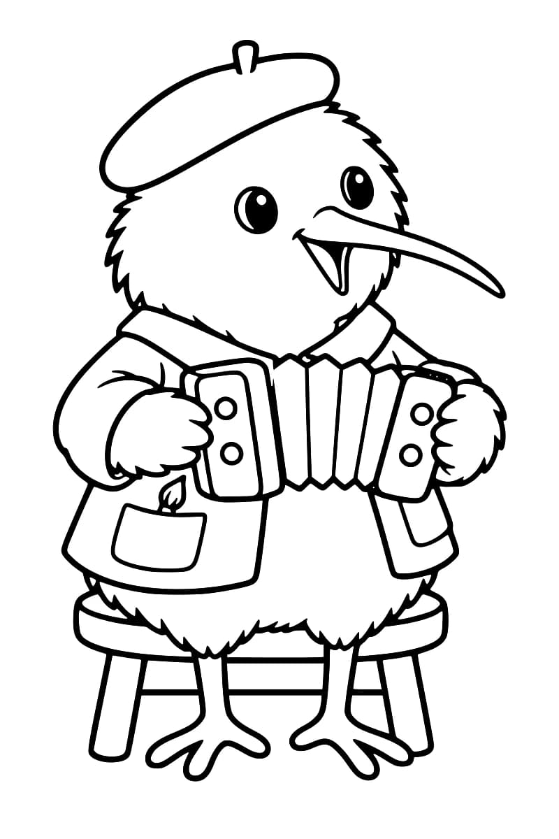 Dessin en noir et blanc d’un kiwi souriant au long bec, portant un béret et une veste à poches, assis sur un tabouret et jouant de l’accordéon.
