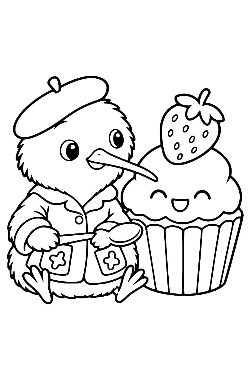 Dessin en noir et blanc d’un oiseau kiwi assis, au long bec, portant un béret et une veste à poches, avec une cuillère dans les mains et un cupcake souriant décoré d’une fraise à ses côtés.