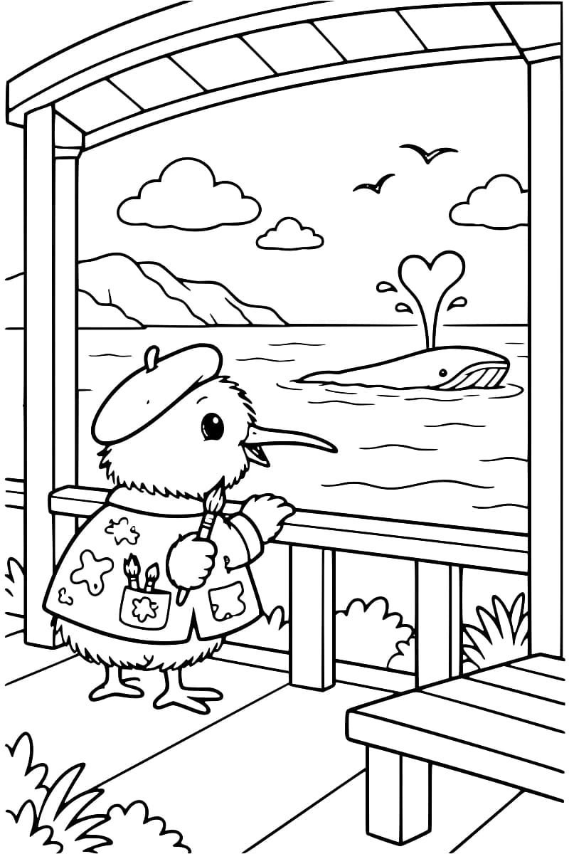 Dessin à colorier d’un kiwi en béret et blouse de peintre, tenant un pinceau derrière la rambarde d’un abri en bois. Une baleine émerge de l’eau et projette un souffle en forme de cœur, avec des collines, des nuages et deux oiseaux en arrière-plan.