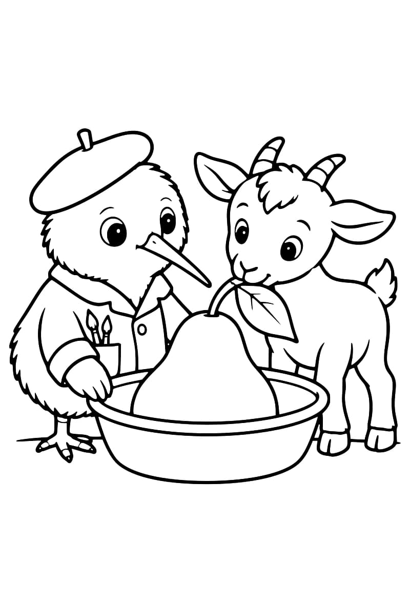 Dessin au trait noir d’un kiwi portant un béret et une veste avec des pinceaux dans la poche, à côté d’un chevreau à cornes, derrière une bassine contenant une grosse poire avec une feuille.