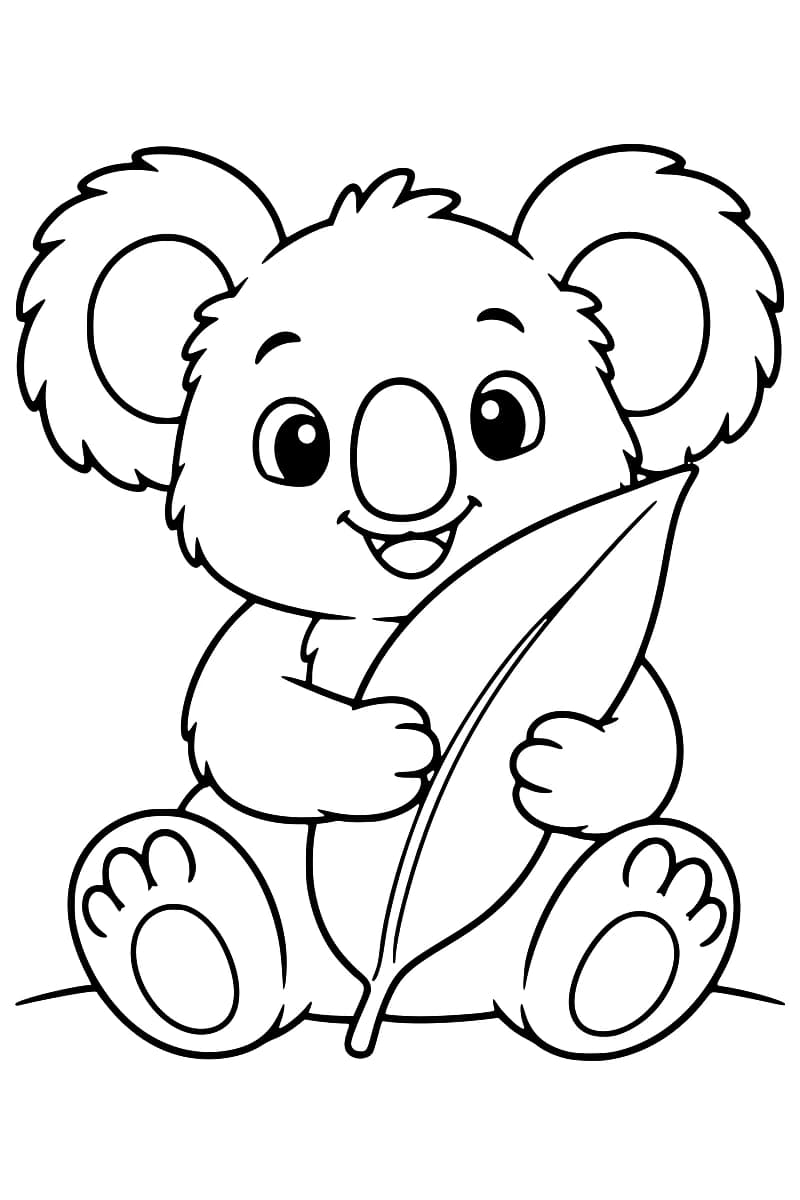 Dessin en noir et blanc d’un koala assis de face, aux grandes oreilles rondes, tenant une longue feuille entre ses deux pattes avant.