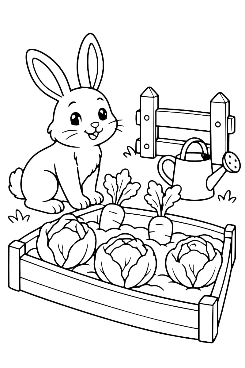 Dessin en noir et blanc d’un lapin assis à côté d’un potager contenant des choux et des carottes, avec un arrosoir et une clôture.