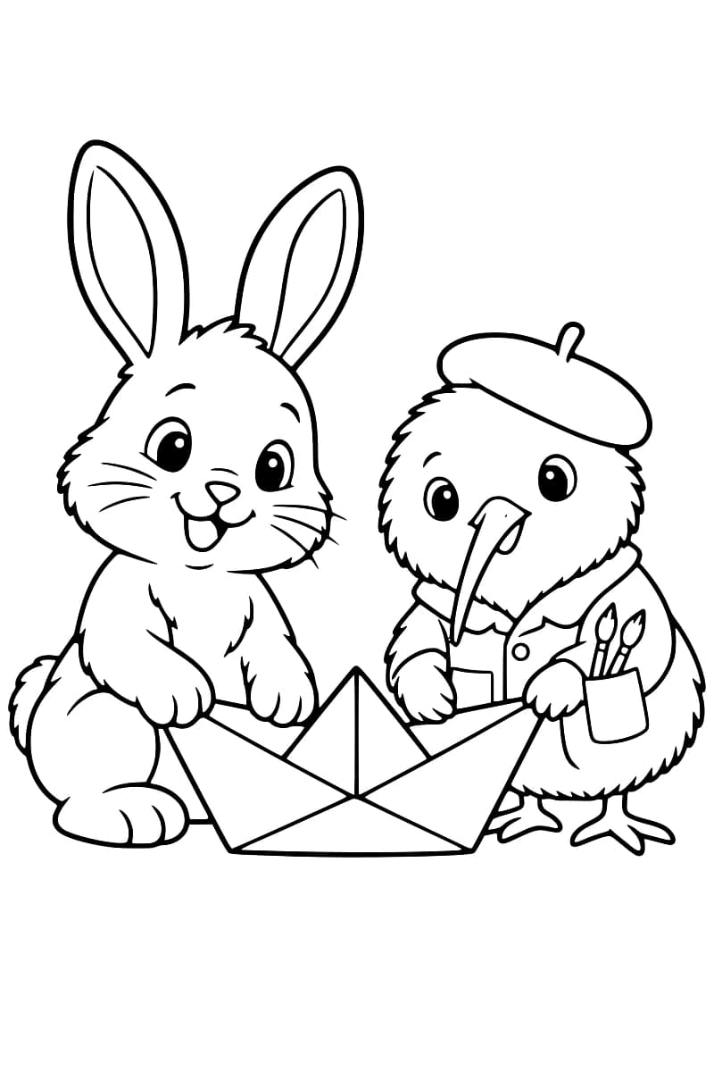 Dessin au trait noir sur fond blanc d’un lapin assis à gauche et d’un oiseau au long bec à droite, tenant un bateau de papier entre eux. L’oiseau porte un béret et une blouse avec deux pinceaux dans la poche.