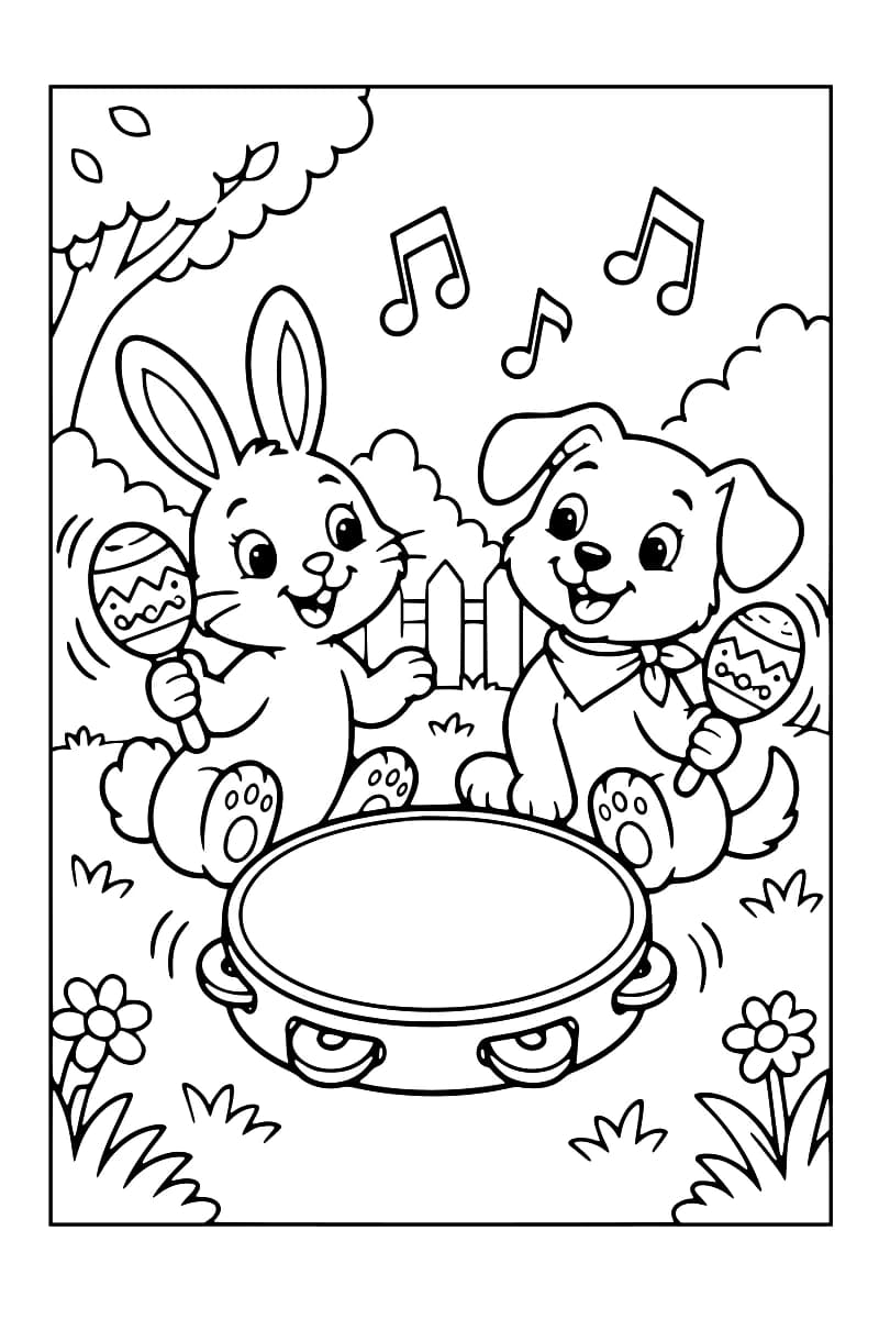 Dessin en noir et blanc d’un lapin et d’un chien assis dans un jardin, tenant chacun une maraca devant un tambourin, avec des notes de musique au-dessus d’eux.
