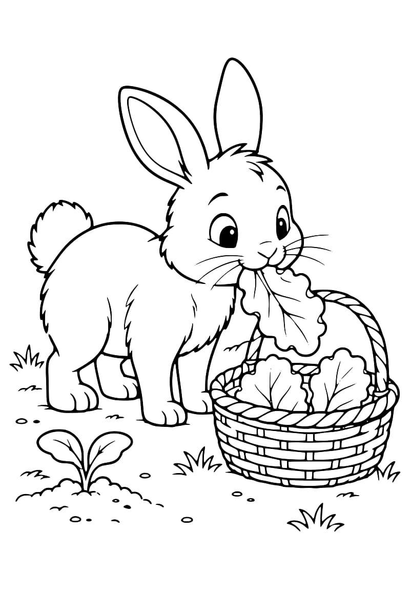 Dessin au trait noir sur fond blanc d’un lapin tenant une feuille dans sa bouche à côté d’un panier tressé contenant des feuilles, avec une jeune pousse et quelques touffes d’herbe au sol.
