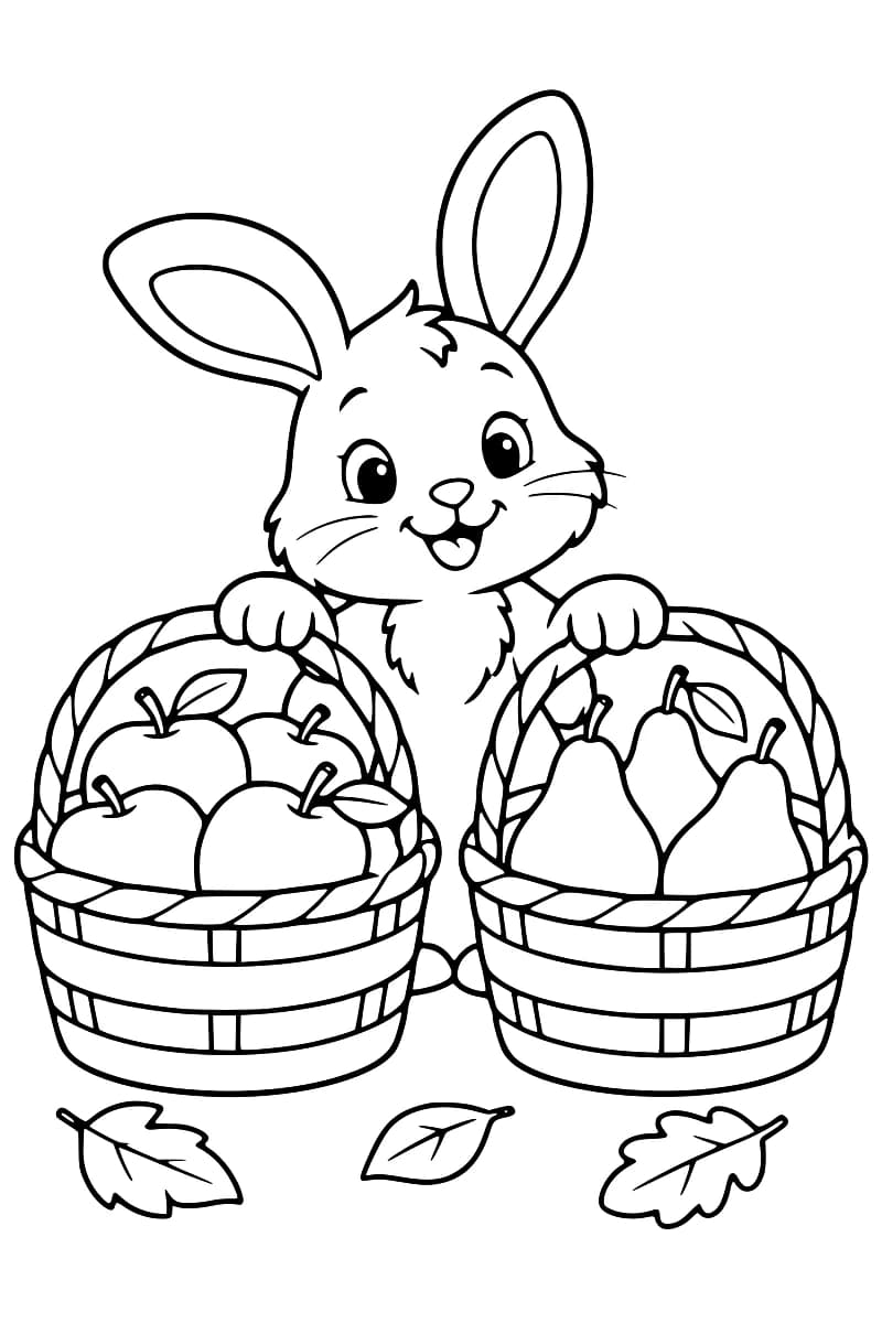 Dessin en noir et blanc d’un lapin derrière deux paniers contenant des pommes et des poires, avec des feuilles au sol.