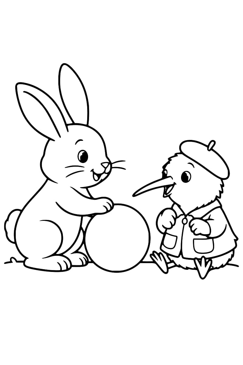 Dessin au trait noir sur fond blanc montrant un lapin à gauche, une patte sur une grosse balle, et un kiwi à droite portant un béret et une veste à poches.