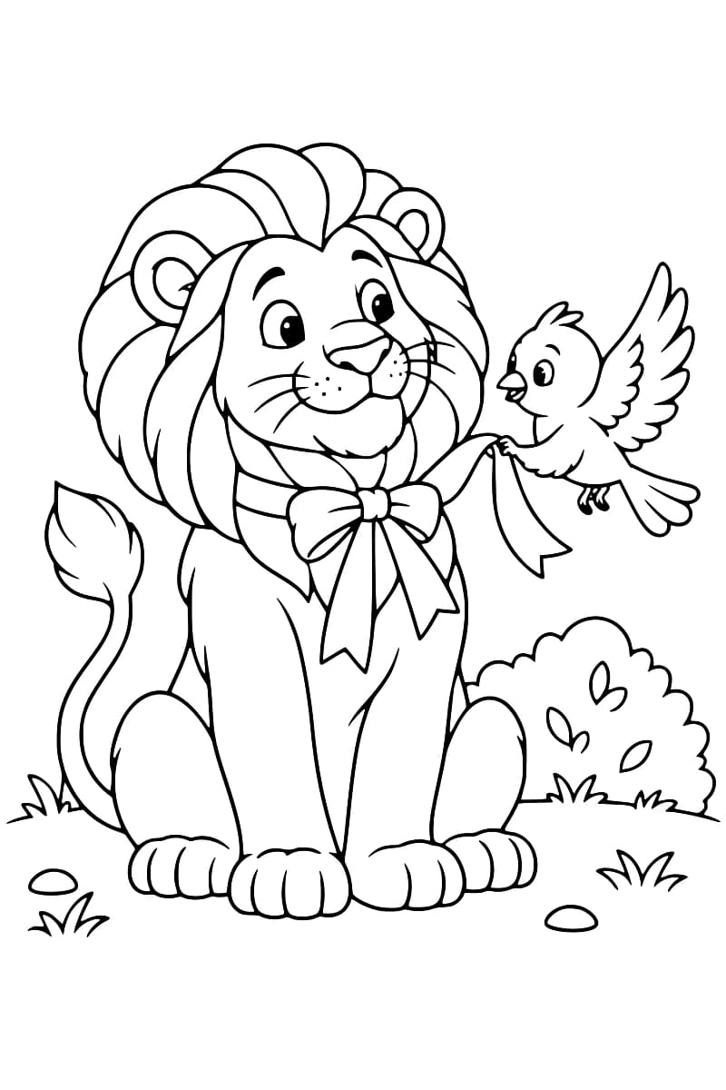 Dessin à colorier d’un lion souriant assis, à la crinière volumineuse et au grand nœud sous le menton, avec un oiseau tenant un bout du ruban à droite, un buisson, des touffes d’herbe et quelques cailloux.