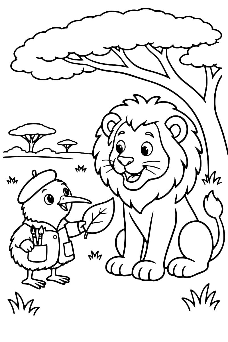 Dessin en noir et blanc montrant un lion assis près d’un acacia et un oiseau tenant une grande feuille.