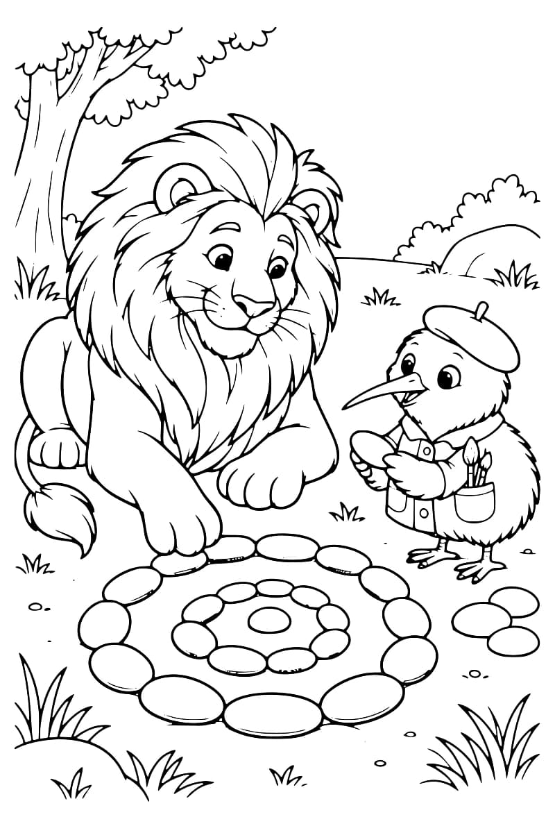 Dessin en noir et blanc d’un lion assis à côté d’un kiwi portant un béret et une veste avec des pinceaux dans la poche, un galet entre les ailes ; devant eux, des pierres forment des cercles concentriques dans un paysage herbeux avec un arbre.