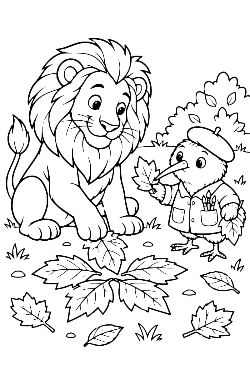 Dessin à colorier d’un lion assis près d’un oiseau au long bec, coiffé d’un béret et vêtu d’une blouse avec des pinceaux dans une poche. L’oiseau tient des feuilles et d’autres sont disposées au sol devant eux.