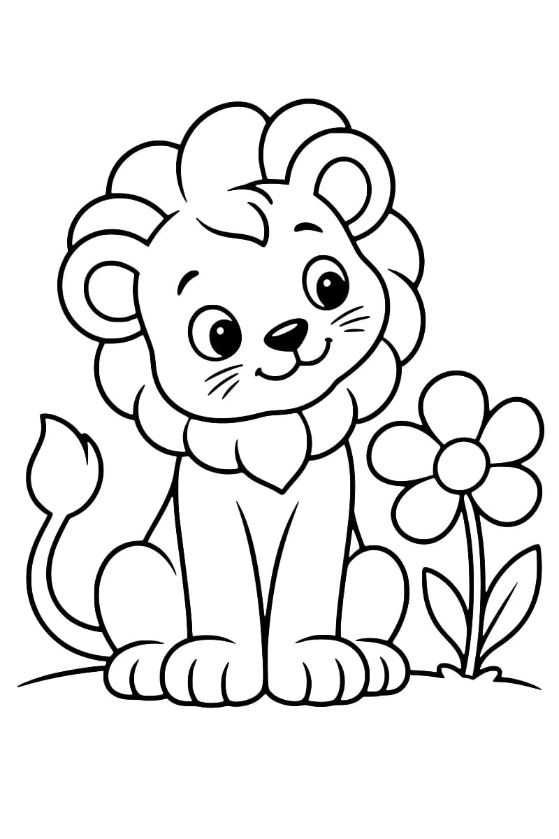 Dessin en noir et blanc d’un lionceau à la crinière arrondie, assis de face avec la tête penchée, les grandes pattes devant lui et la queue recourbée à gauche, près d’une fleur à cinq pétales à droite.
