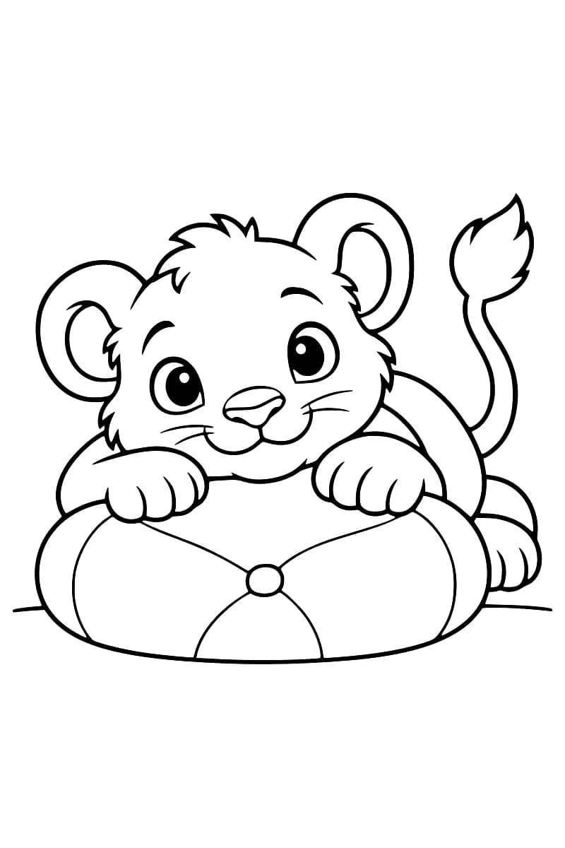 Dessin en noir et blanc d’un lionceau aux grands yeux, appuyé sur un coussin rond à bouton central, avec les pattes avant sur le bord et la queue dressée.
