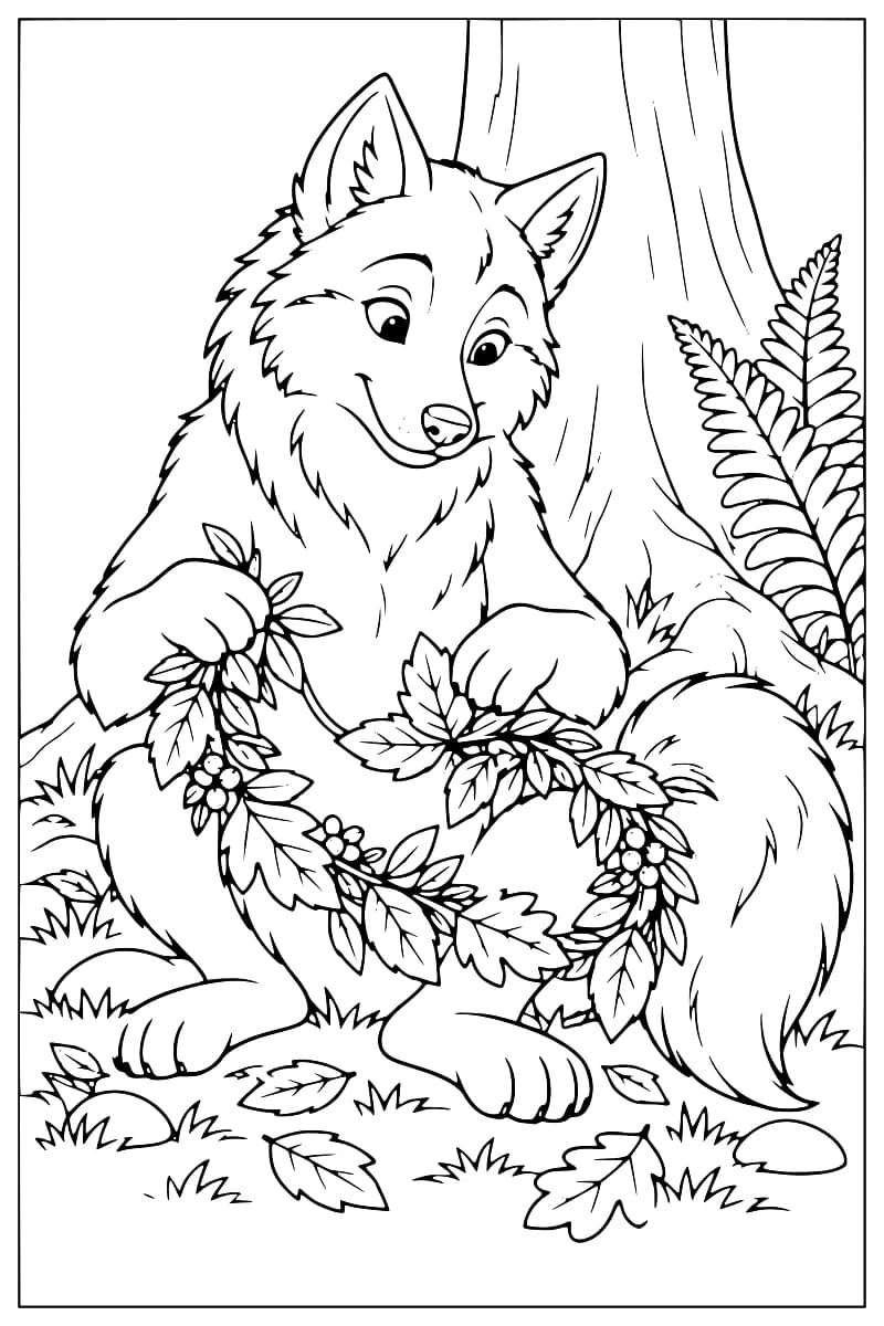 Dessin en noir et blanc d’un loup souriant assis devant un arbre, tenant entre ses pattes une guirlande de feuilles et de baies, avec une fougère à droite et des feuilles au sol.