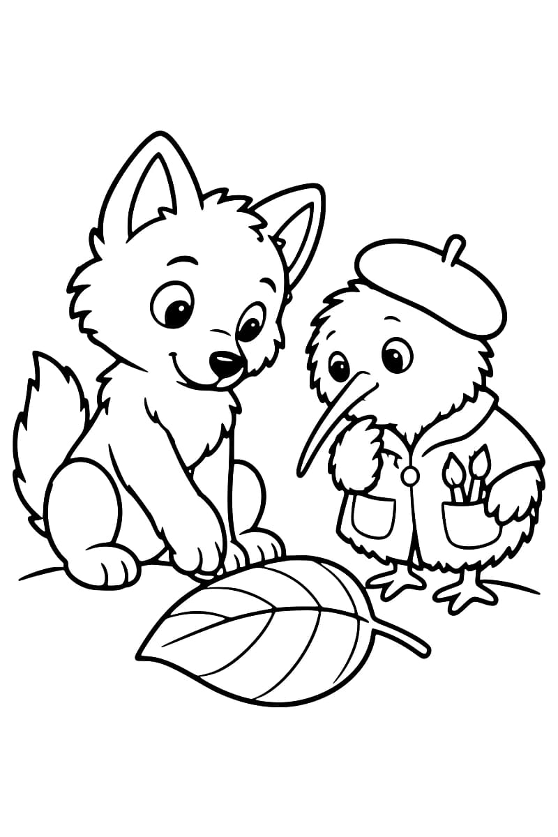 Dessin en noir et blanc d’un louveteau assis à gauche et d’un kiwi debout à droite, portant un béret et une veste avec deux pinceaux dans une poche, devant une grande feuille aux nervures marquées.