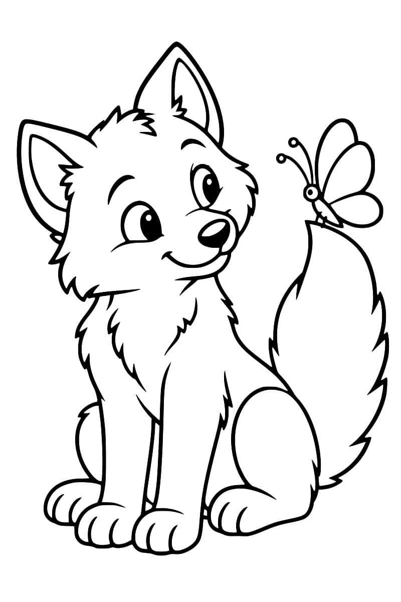 Dessin en noir et blanc d’un louveteau souriant, assis avec une grande queue touffue relevée sur laquelle se pose un papillon.