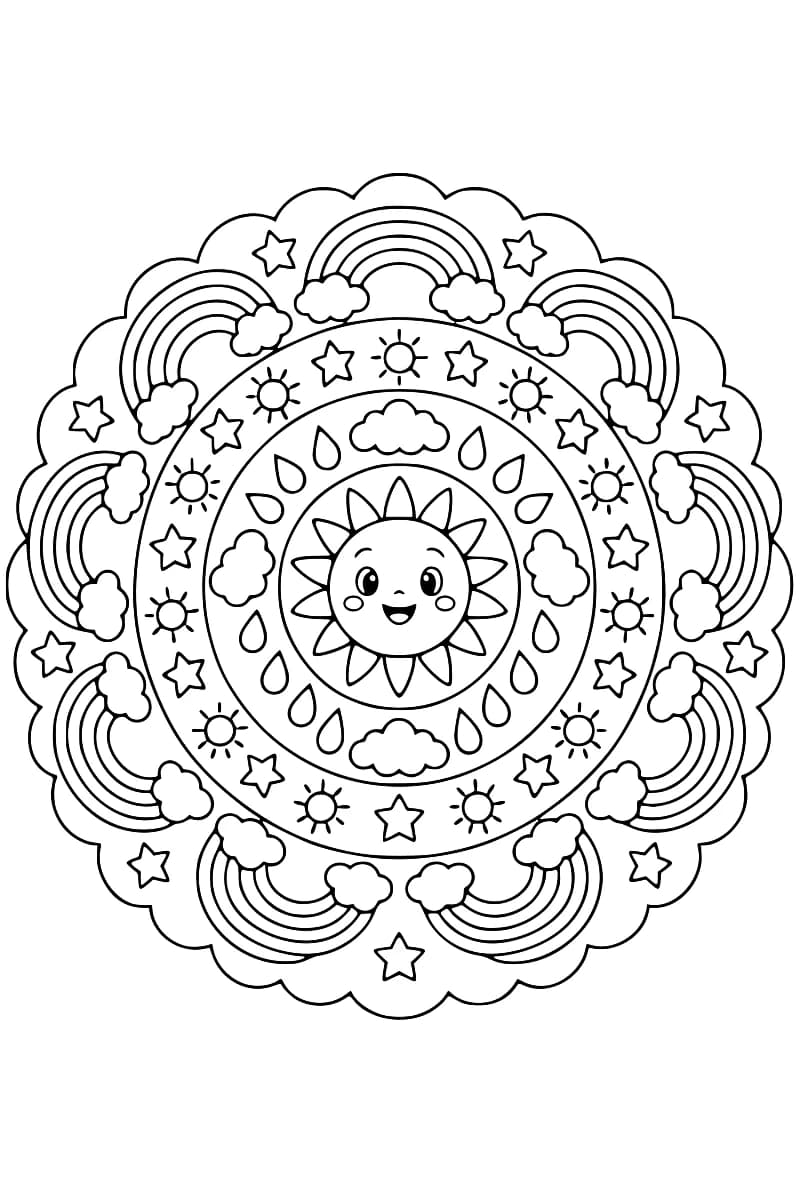 Mandala en noir et blanc avec un soleil souriant au centre, entouré d’arcs-en-ciel, de nuages, de gouttes, d’étoiles et de petits soleils.