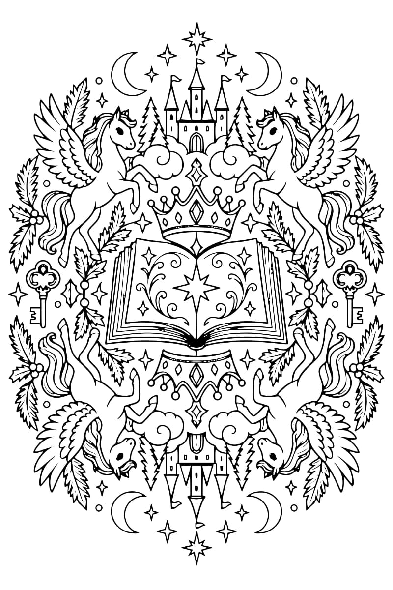 Illustration en noir et blanc d’un mandala symétrique avec un livre ouvert au centre, une couronne, un château, quatre chevaux ailés, des clés, des feuillages, des étoiles et des lunes.