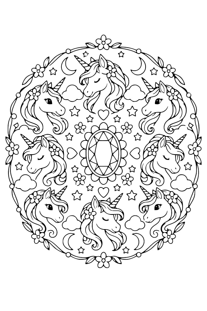 Mandala symétrique en noir et blanc représentant six licornes autour d’une pierre précieuse, avec des fleurs, des étoiles, des lunes, des cœurs et des nuages.