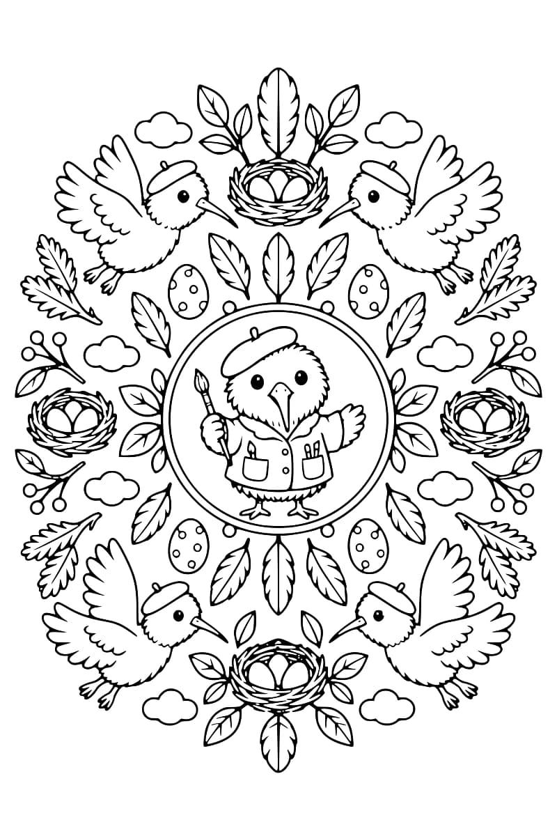 Illustration en noir et blanc représentant un oiseau peintre au centre d’un mandala symétrique, entouré d’oiseaux, de nids, de plumes, de feuilles, d’œufs et de nuages.