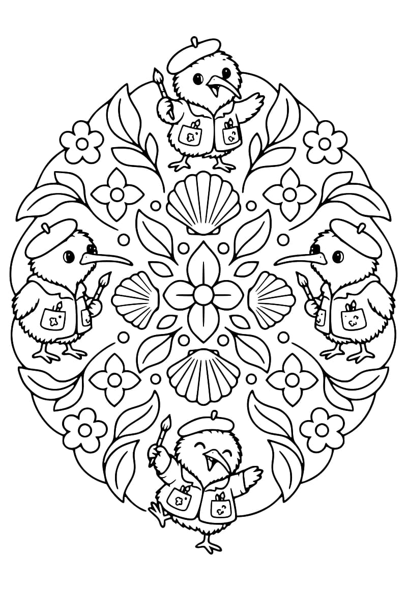 Dessin en noir et blanc d’un mandala symétrique avec quatre oiseaux portant des bérets et tenant des pinceaux, entourés de fleurs, de feuilles et de coquillages.