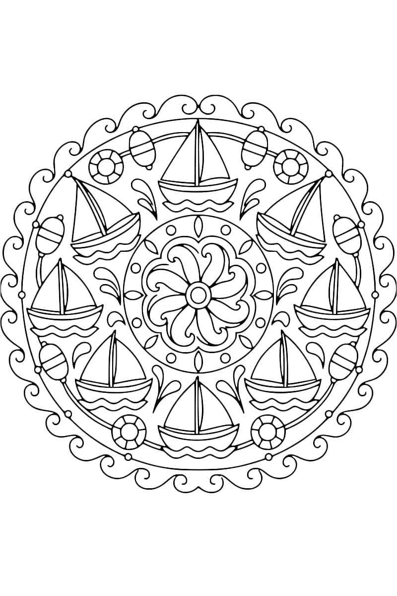 Dessin circulaire en noir et blanc représentant huit voiliers autour d’une fleur centrale, avec des vagues, des bouées et des motifs marins.