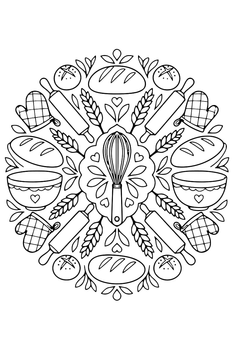 Mandala à colorier sur le thème de la boulangerie, avec des pains, des épis de blé, des gants, des rouleaux, des bols et un fouet au centre.