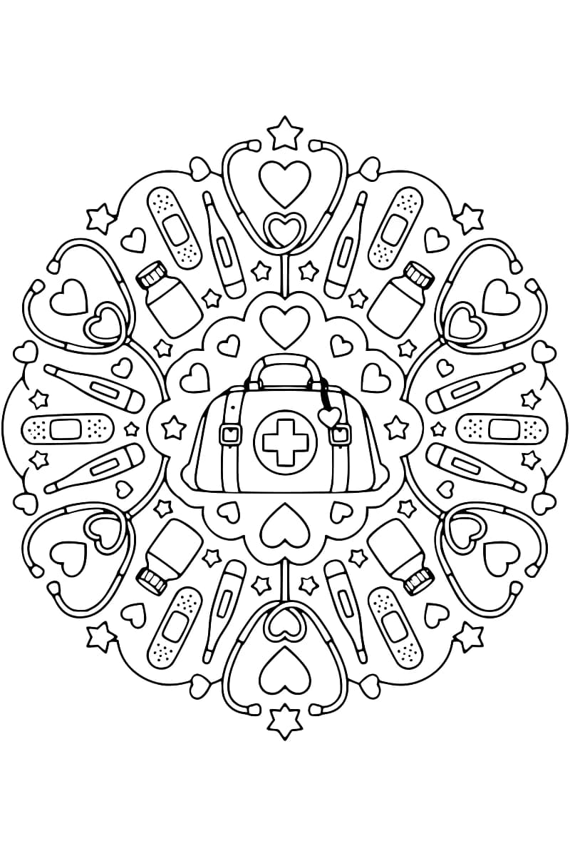 Dessin en noir et blanc à colorier représentant un mandala médical avec une sacoche centrale, des instruments de soin, des pansements, des cœurs et des étoiles.