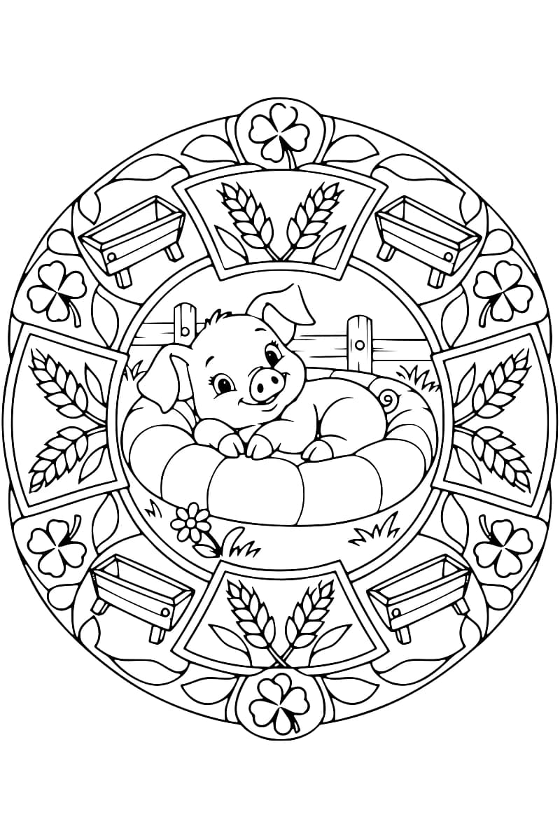 Dessin à colorier en noir et blanc d’un porcelet souriant couché sur un coussin rond devant une clôture, entouré de motifs d’épis de blé, de trèfles, de feuilles et de quatre auges.