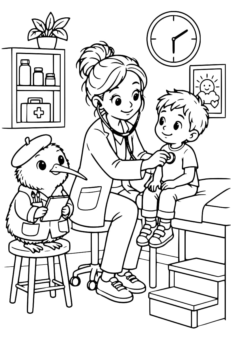 Dessin de coloriage montrant une médecin examinant un enfant assis sur une table, avec un oiseau tenant un carnet dans un cabinet médical.