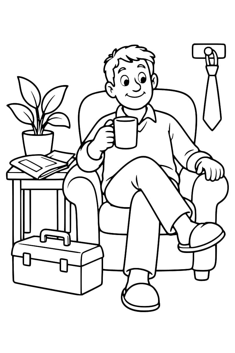 Dessin en noir et blanc d’un homme assis dans un fauteuil, tenant une tasse, avec une plante sur une table, une cravate accrochée au mur et une boîte à outils au premier plan.