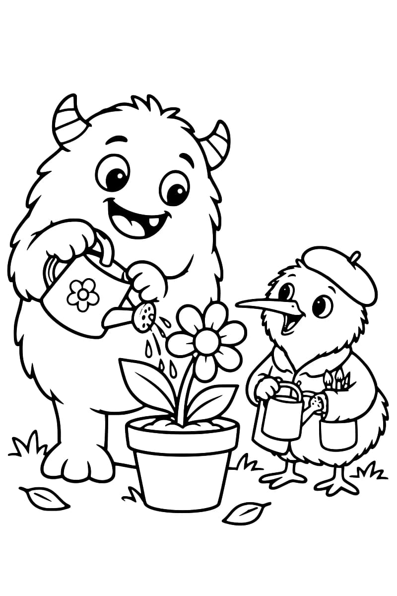 Dessin en noir et blanc d’un monstre poilu et d’un oiseau qui arrosent une grande fleur en pot.