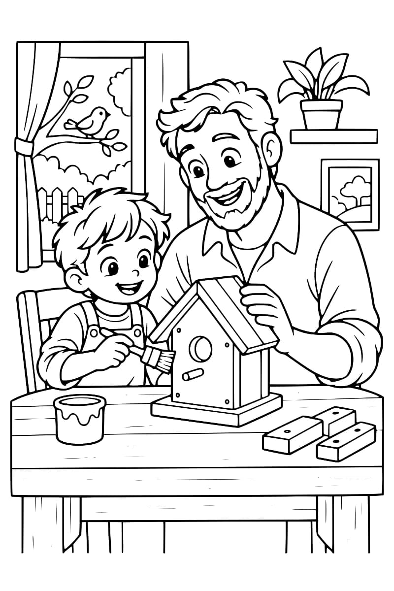 Coloriage montrant un père et son enfant fabriquant un nichoir en bois, avec des outils, de la peinture et des planches sur la table.