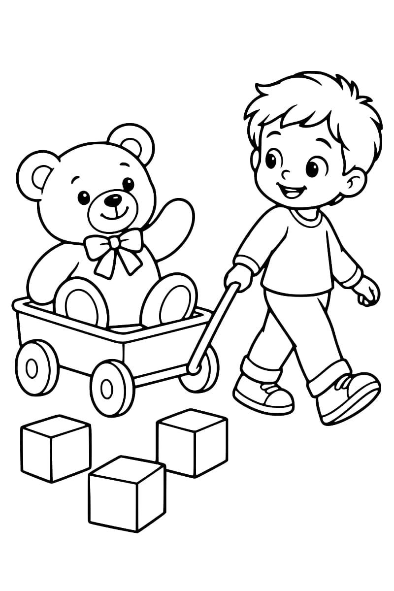 Coloriage en noir et blanc d’un enfant souriant qui tire un chariot contenant un ours en peluche avec un nœud au cou et une patte levée ; trois cubes sont disposés au premier plan.