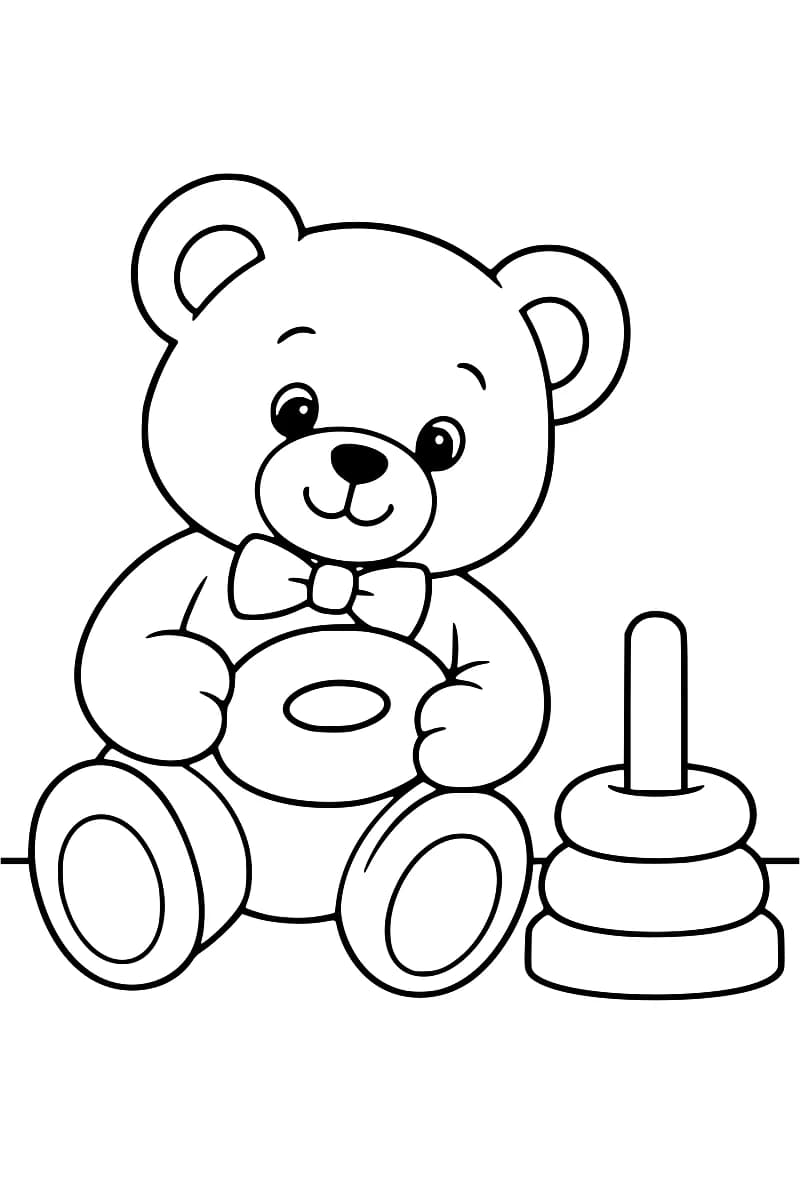 Dessin en noir et blanc d’un ours en peluche souriant, assis et tenant un anneau entre ses pattes, à côté d’une tige portant deux anneaux sur un socle.
