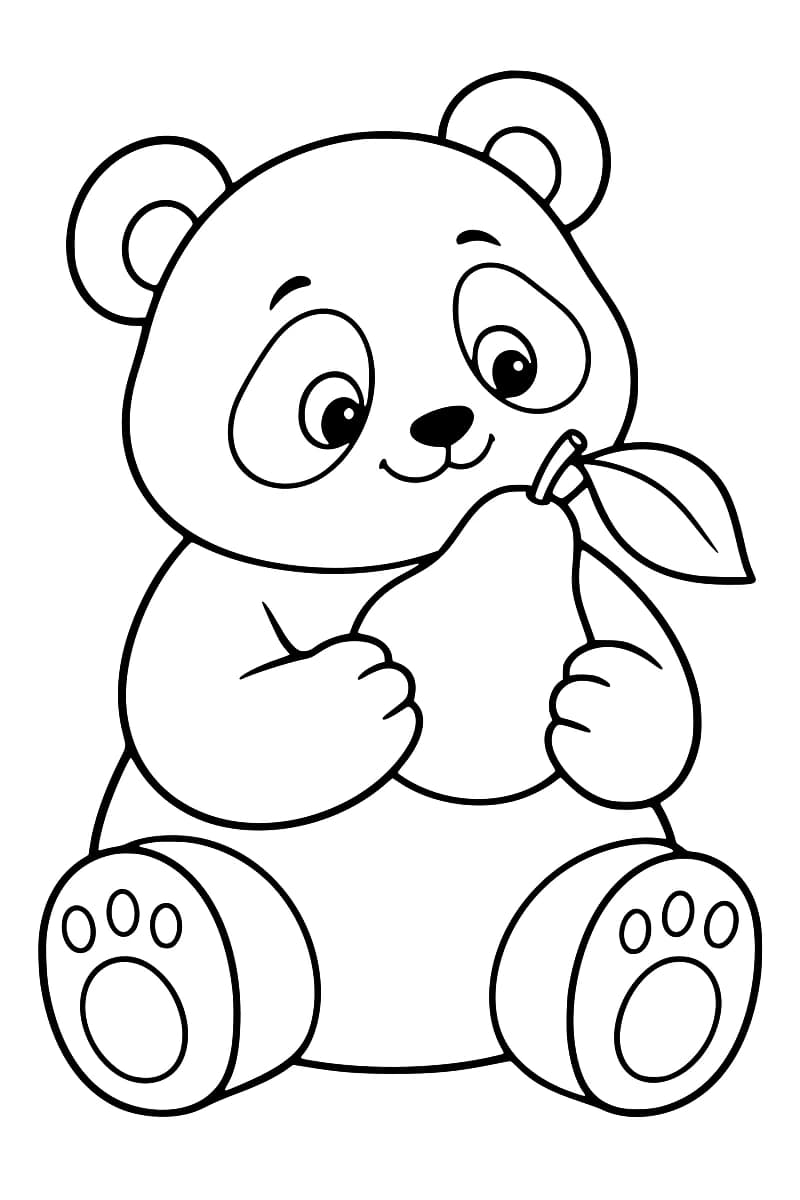 Dessin au trait noir sur fond blanc d’un panda assis tenant une grosse poire munie d’une tige et d’une feuille, avec les coussinets de ses pieds visibles.