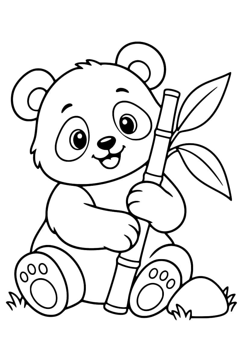 Dessin en noir et blanc d’un panda assis tenant une tige de bambou, avec des feuilles, de l’herbe et un rocher.