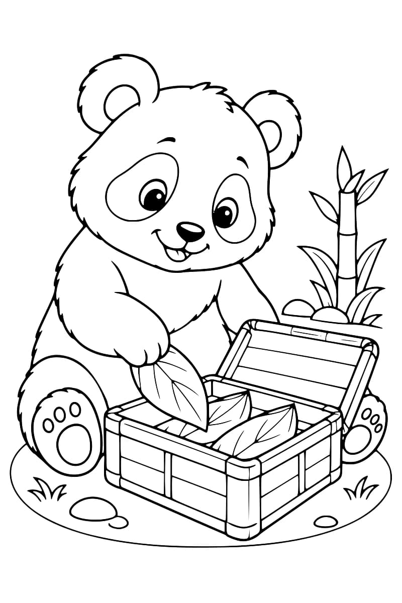 Dessin au trait noir d’un panda souriant, assis devant une boîte rectangulaire au couvercle relevé, tenant une feuille au-dessus de celles déjà rangées à l’intérieur, avec du bambou, des cailloux et des touffes d’herbe autour.