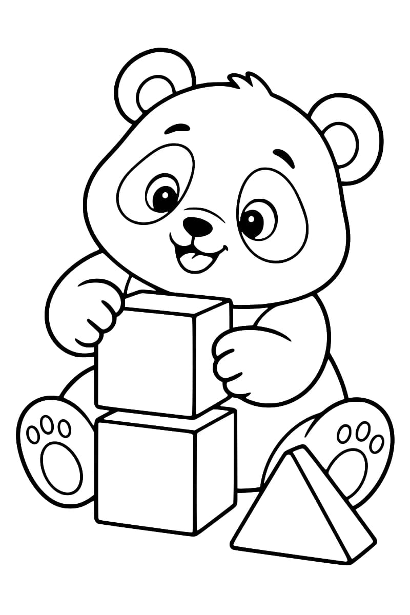 Dessin au trait noir sur fond blanc d’un panda souriant, assis derrière deux cubes empilés et tenant celui du dessus, avec un bloc triangulaire à droite.